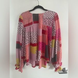 FATE Peasant Top Pink Patchwork Balloon Sleeve Blouse size Large (MSRP $128)